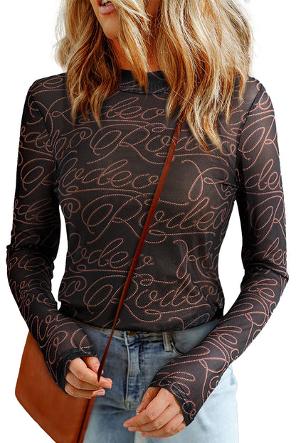 Western Rodeo Printed Mock Neck Long Sleeve Mesh Top in Black Daisie Boutique