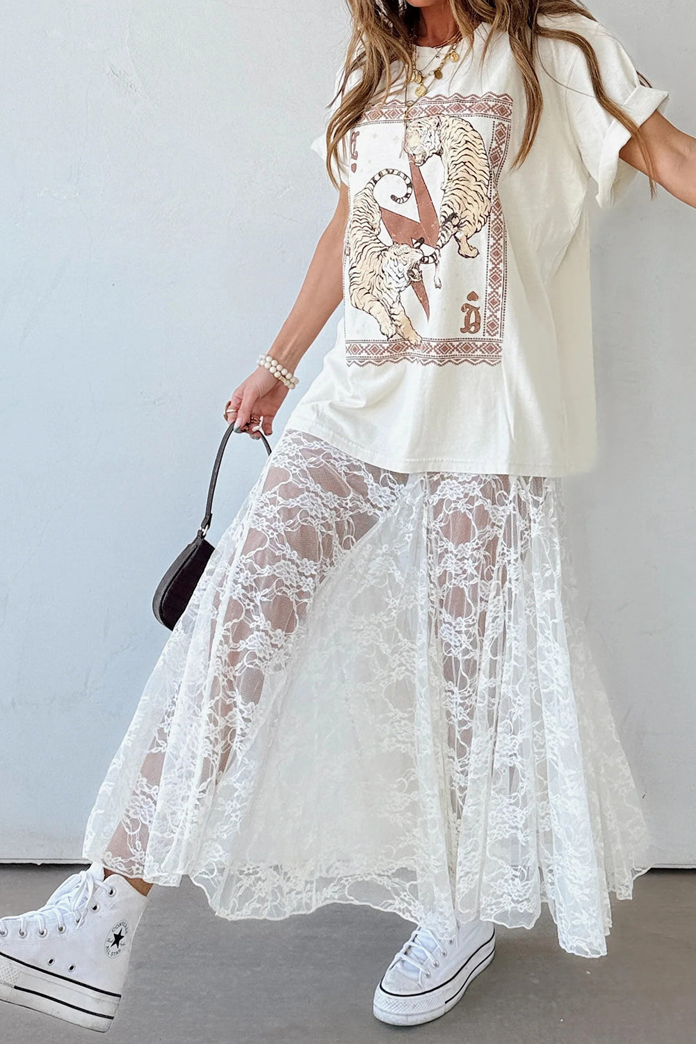 White Sheer Lace Flowy Maxi Skirt