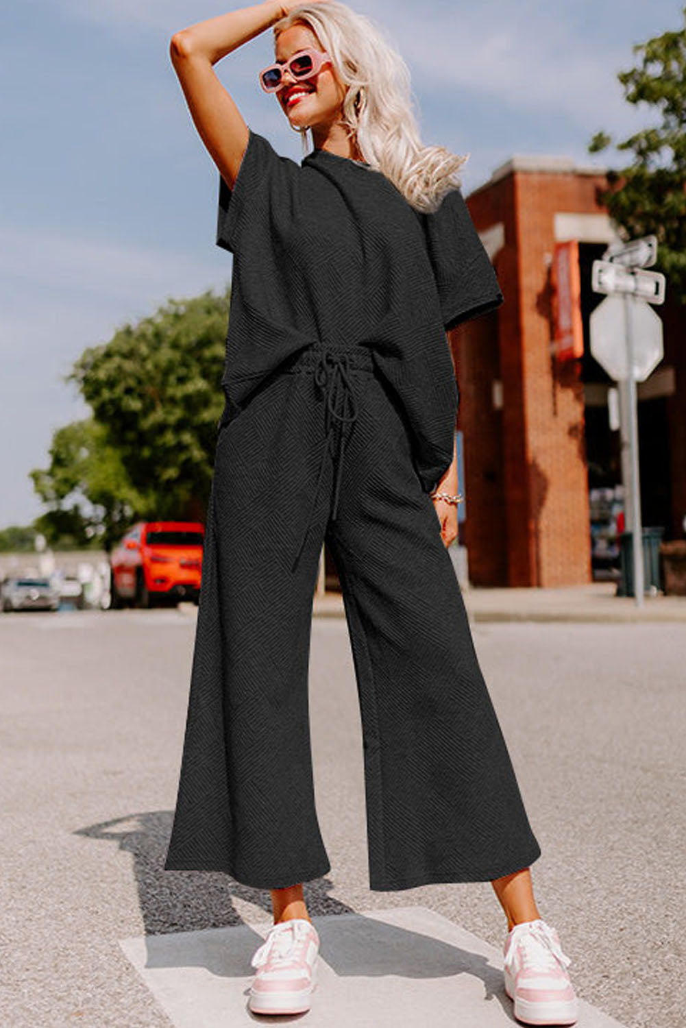 Black Textured Loose Fit T Shirt and Drawstring Pants Set Daisie Boutique