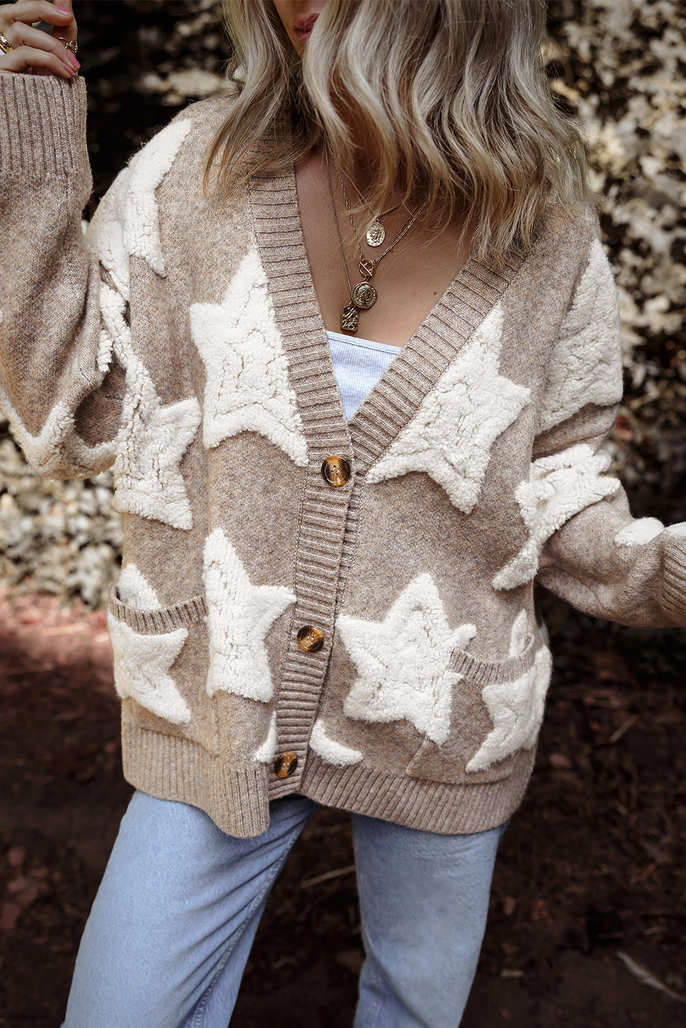 Sherpa Star Sweater with Pockets in Khaki Daisie Boutique