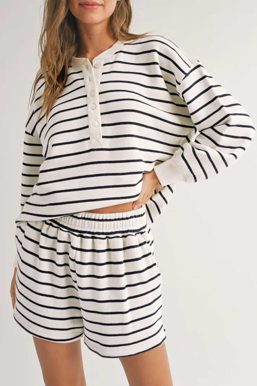 Black white Striped Half Button Long Sleeve Top and Shorts Set Daisie Boutique