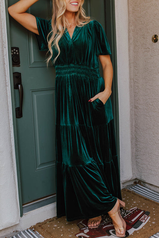 Velvet Short Sleeve Tiered Maxi Dress Daisie Boutique