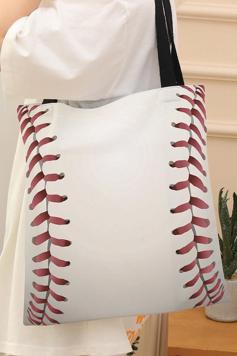 White Baseball Print Canvas Tote Bag Daisie Boutique