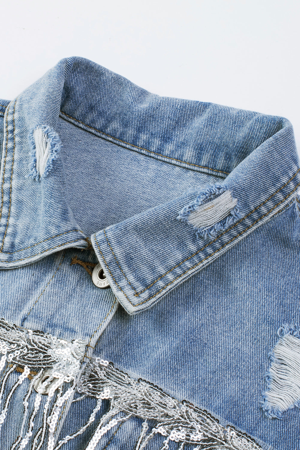 Sequin Embellished Fringe Distressed Denim Jacket Daisie Boutique