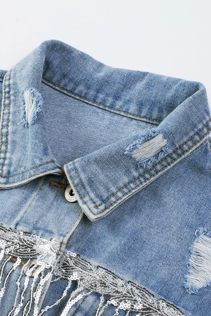 Sequin Embellished Fringe Distressed Denim Jacket Daisie Boutique