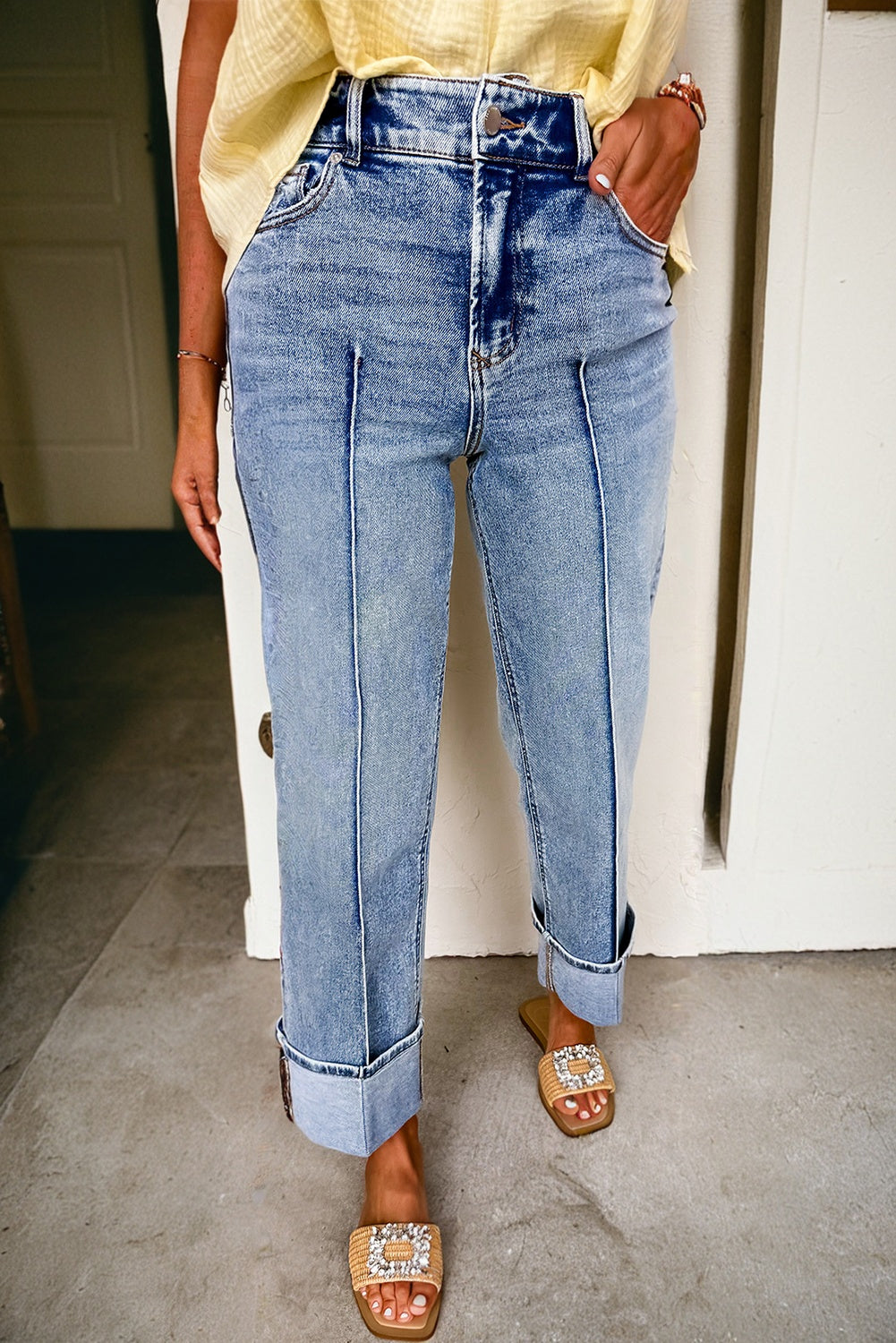 Seam Cuffed Hem Straight High Waist Jeans Daisie Boutique