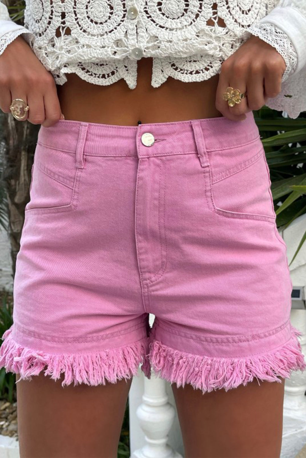 Pink Frayed Edge Mid Rise Denim Shorts Daisie Boutique