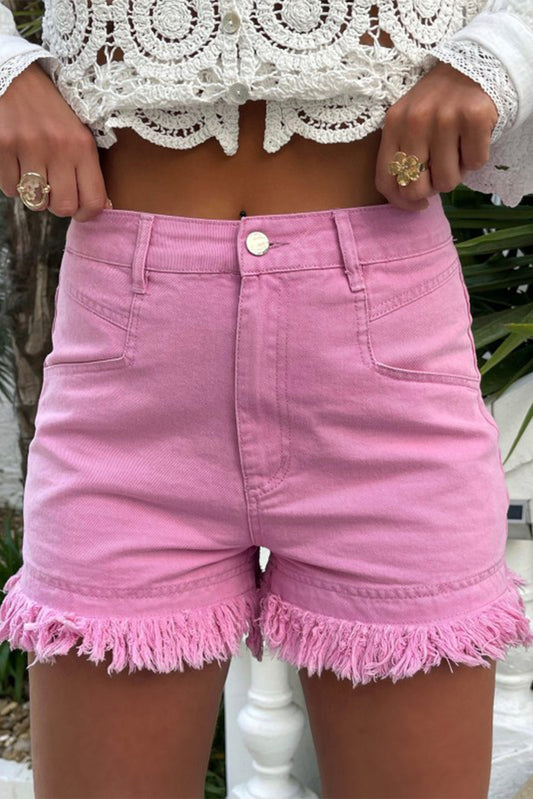 Pink Frayed Edge Mid Rise Denim Shorts Daisie Boutique