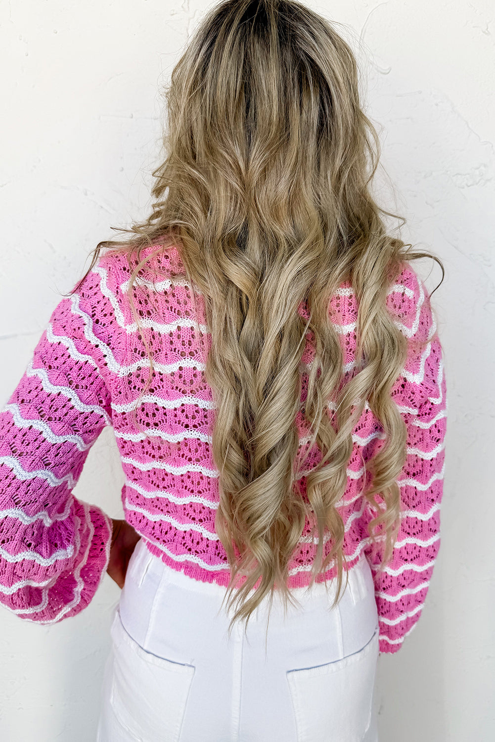 Stripe Crochet Scalloped Trim Lace-up Front Cropped Cardigan Dear-Lover Dropshipping