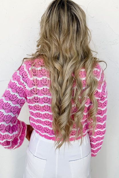 Stripe Crochet Scalloped Trim Lace-up Front Cropped Cardigan Dear-Lover Dropshipping