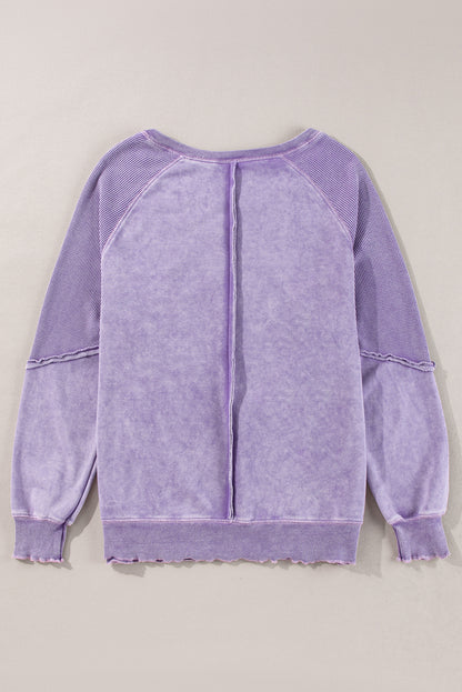 Orchid Petal Solid Waffle Knit Patchwork Raglan Sleeve Sweatshirt Daisie Boutique