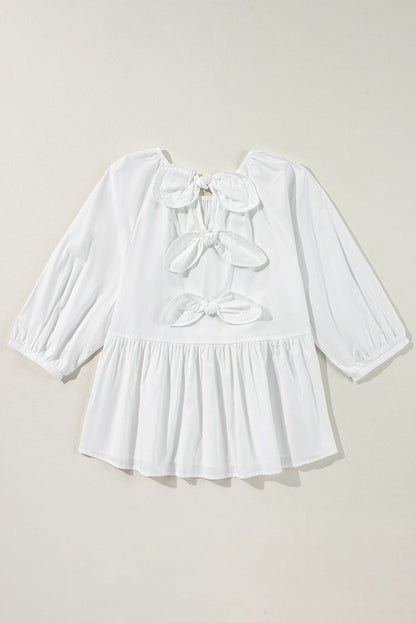 Bow Knot Cutout Back 3/4 Sleeve Blouse - White Daisie Boutique