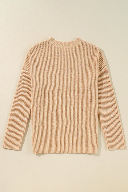 Cable Knit Drop Shoulder Side Slits Loose Sweater