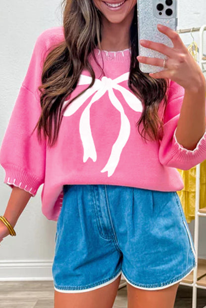 Bow Print Drop Shoulder Sweater - Pink Dear-Lover Dropshipping
