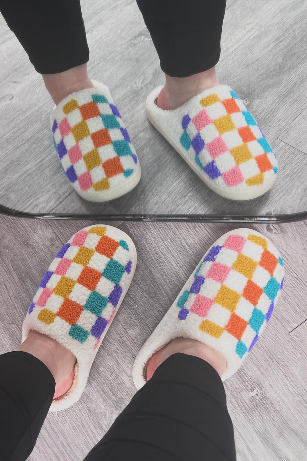 White Vibrant Checkered Plush Thermal Slippers Daisie Boutique