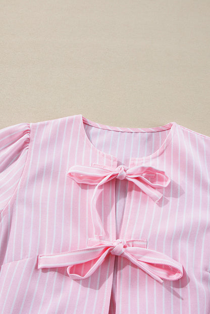 Stripe Bowknot Front Crew Neck Puff Sleeve Blouse - Pink Daisie Boutique