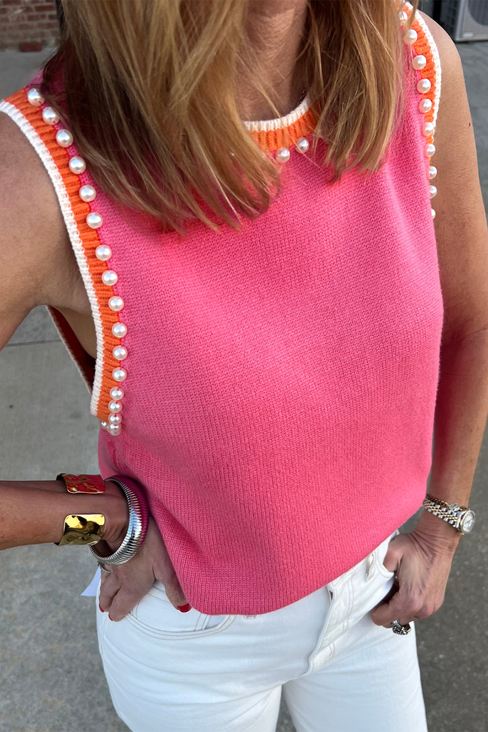 Contrast Trim Pearl Detail Sweater Tank Top - Bright Pink Daisie Boutique