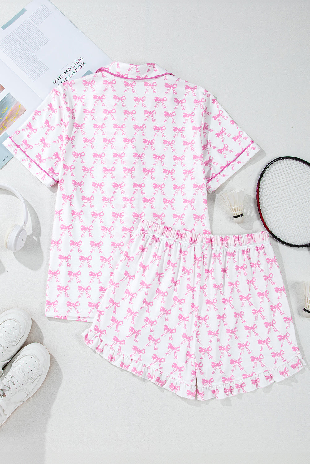 Bowknot Printed Short Sleeve and Ruffled Shorts Pajama Set - Pink