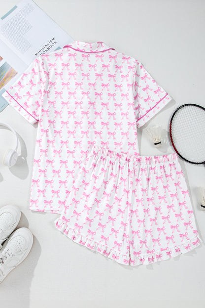 Bowknot Printed Short Sleeve and Ruffled Shorts Pajama Set - Pink