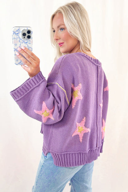 Star V Neck Oversize Sweater - Purple