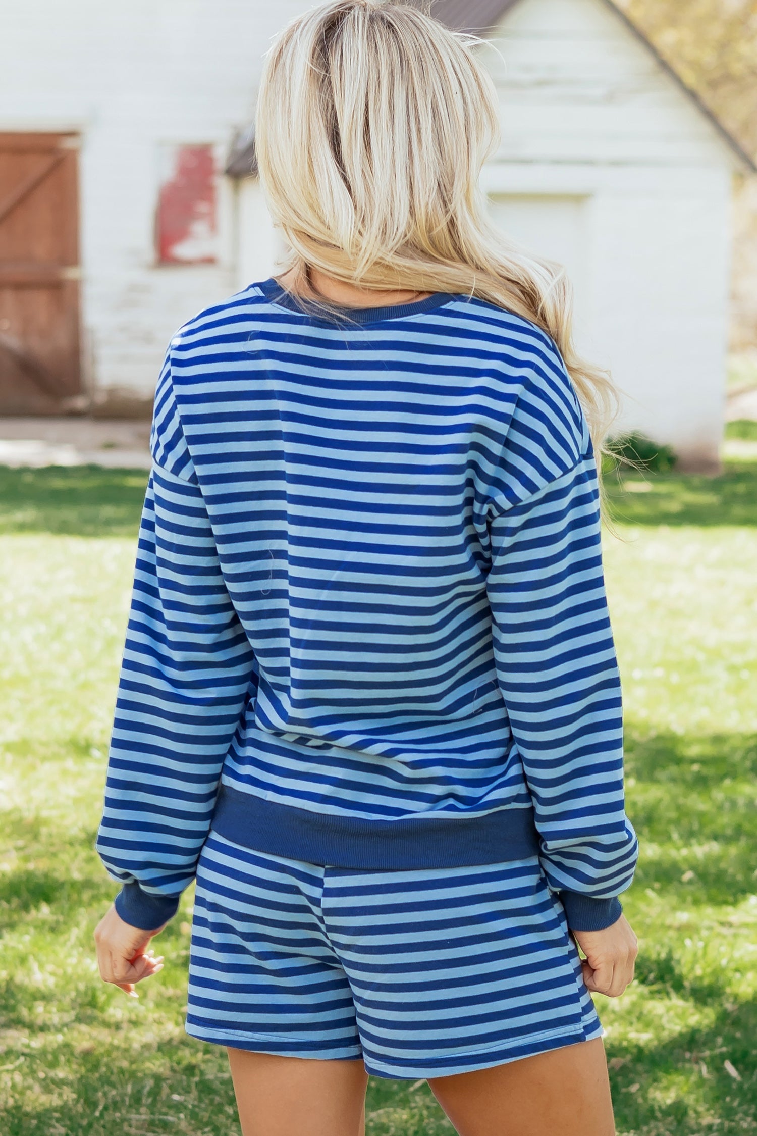 Daisie Boutique Striped Long Sleeve Short Set - Blue SHORT SETS - REG SIZE