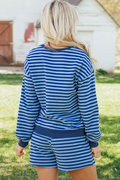 Daisie Boutique Striped Long Sleeve Short Set - Blue SHORT SETS - REG SIZE