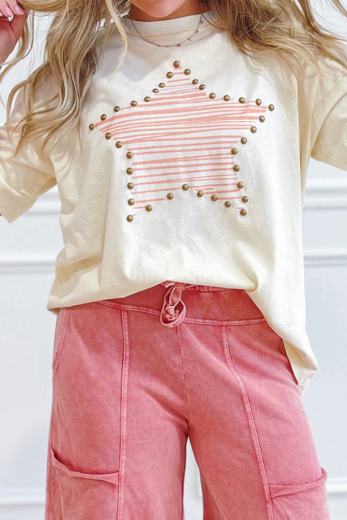 Beige star print studded cotton jersey top | Daisie & Co.