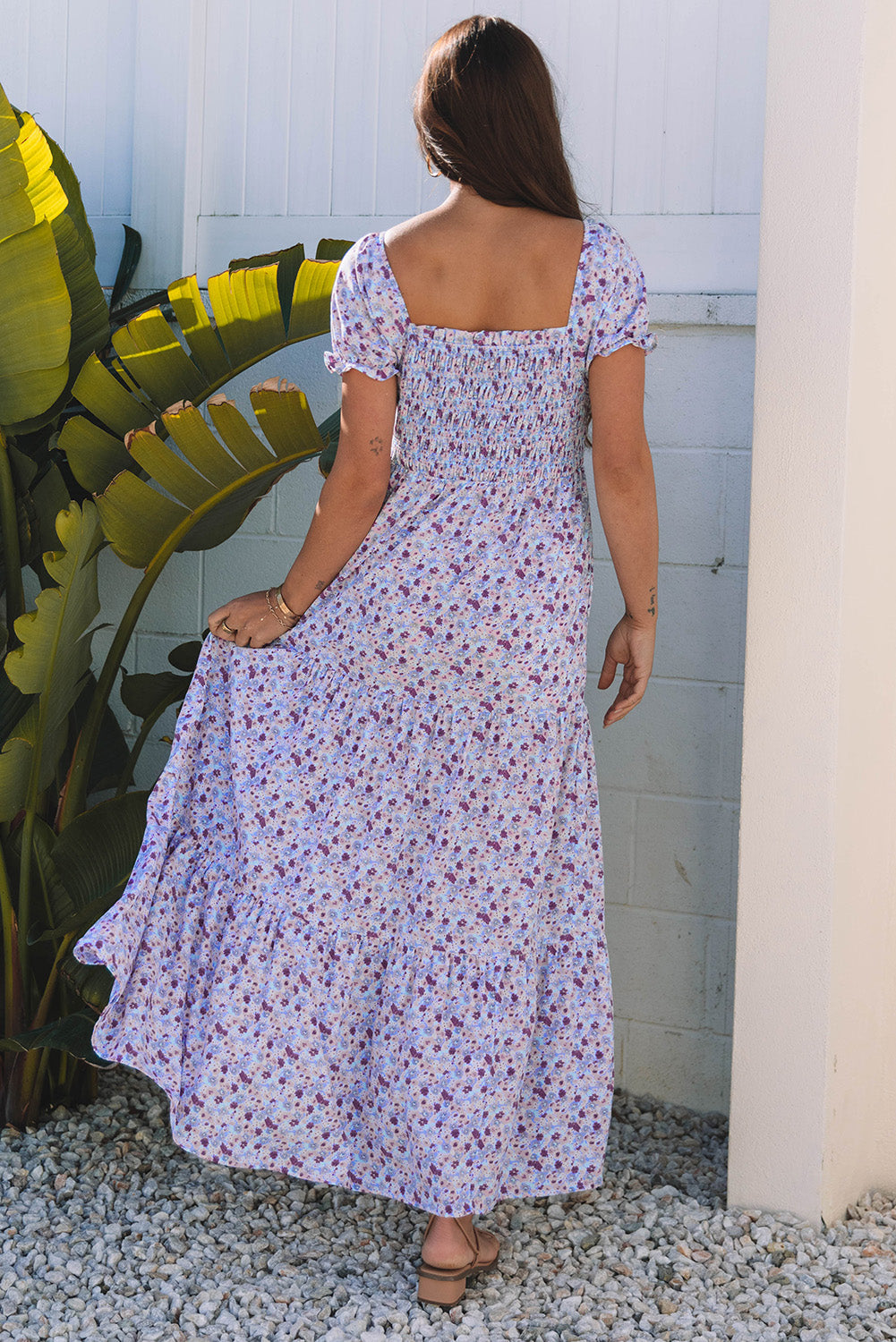 Purple Floral Short Bubble Sleeve Shirred High Waist Maxi Dress Daisie Boutique