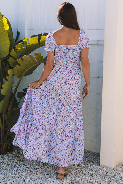 Purple Floral Short Bubble Sleeve Shirred High Waist Maxi Dress Daisie Boutique