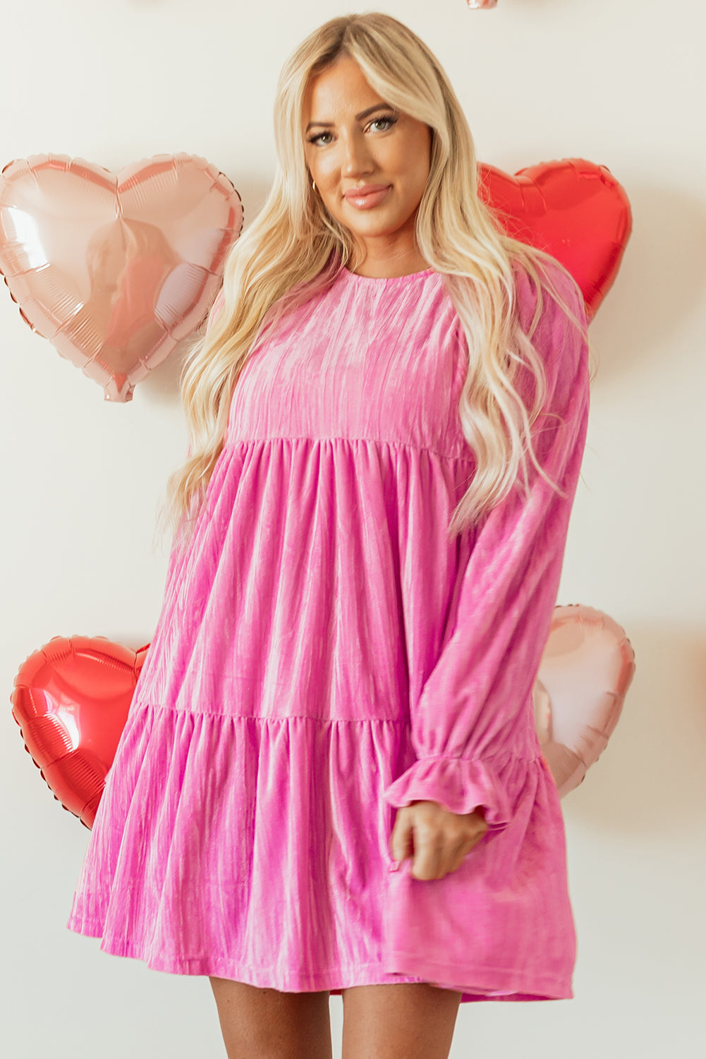 Flounce Sleeve Ruffled Velvet Mini Dress - Bubblegum Pink Daisie Boutique