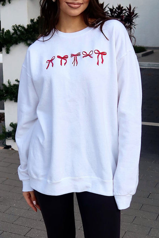 Bow Embroidery Drop Shoulder Sweatshirt - White Daisie Boutique