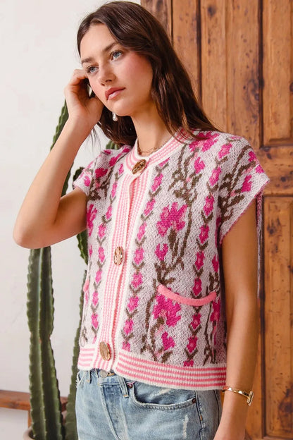 SO ME Button Front Floral and Stripe Knitted Sweater Vest My Pampered Life Seattle
