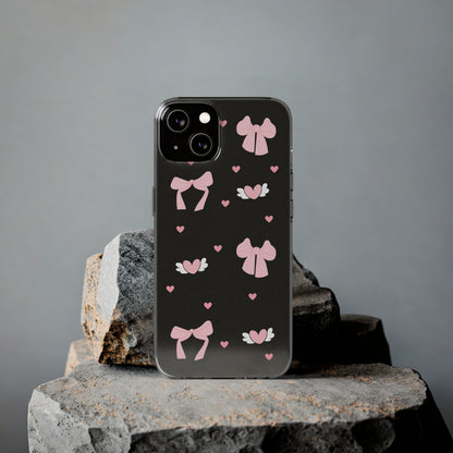 Cute Pink Bow Soft Phone Case | Stylish Heart & Wing Design