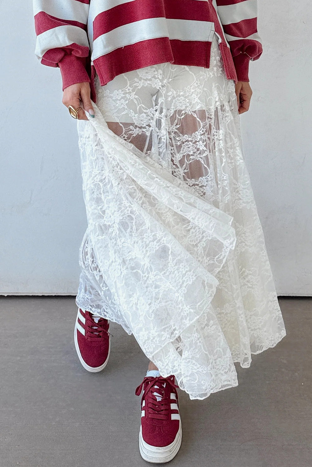 White Sheer Lace Flowy Maxi Skirt