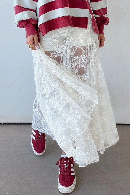 White Sheer Lace Flowy Maxi Skirt