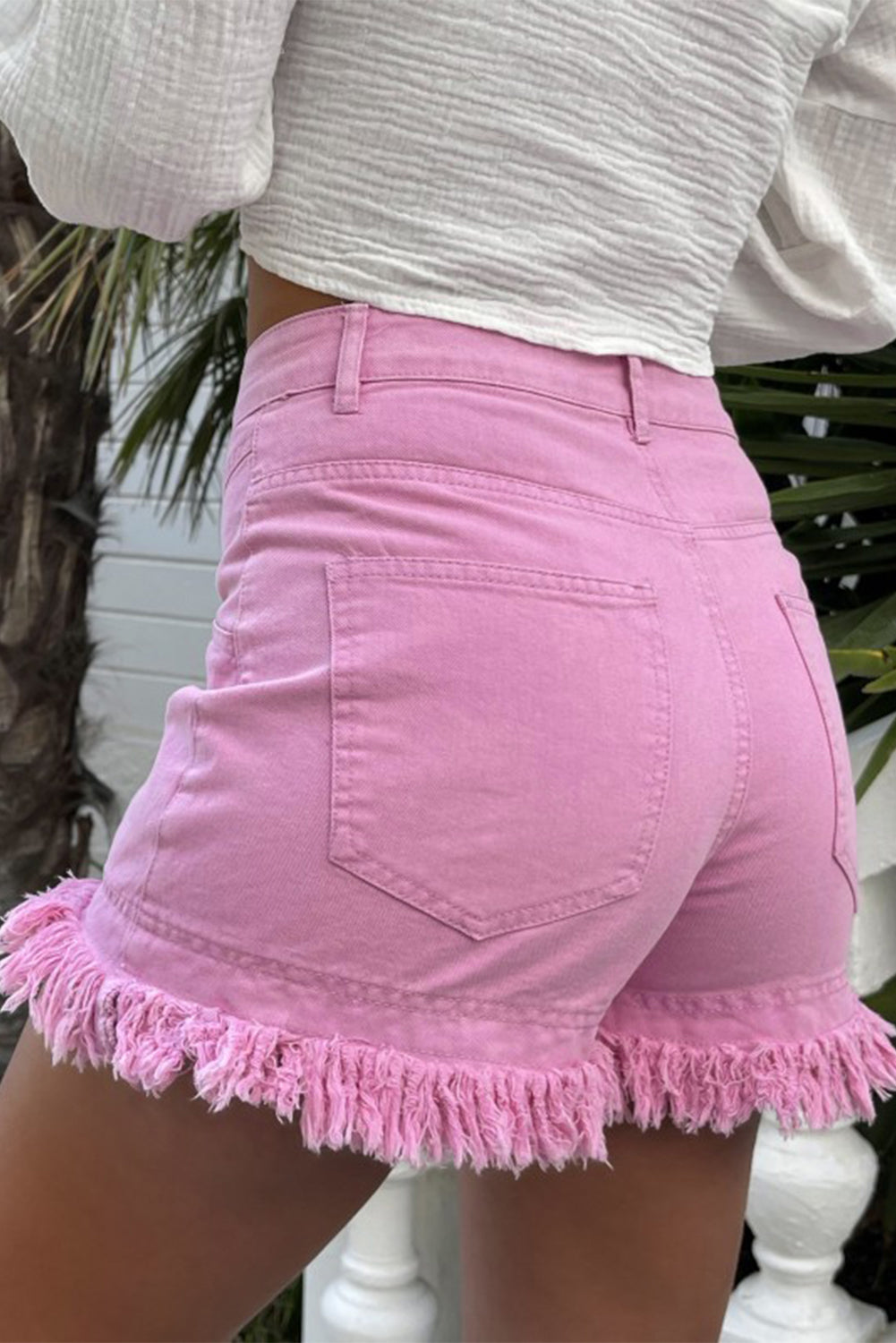 Pink Frayed Edge Mid Rise Denim Shorts Daisie Boutique