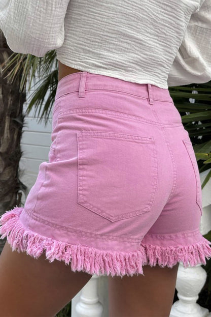 Pink Frayed Edge Mid Rise Denim Shorts Daisie Boutique