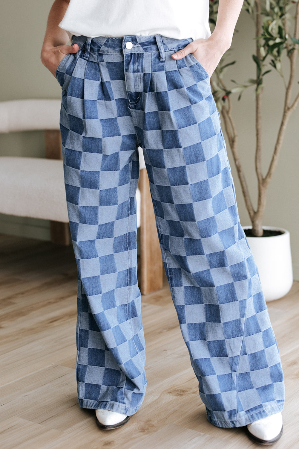 Checkered Denim Wide Leg Jeans Daisie Boutique
