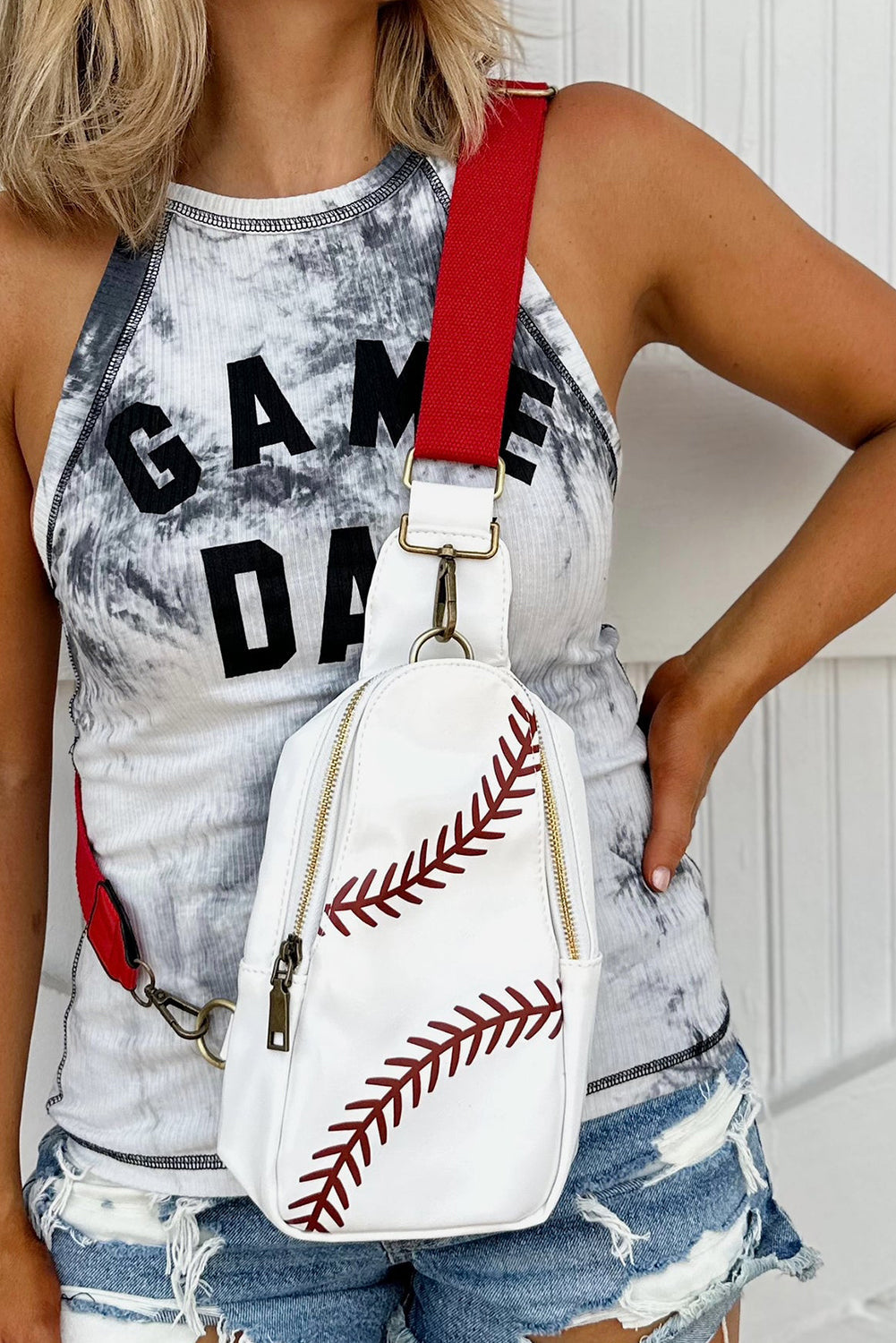 Baseball Pattern PU Leather Zipped Sling Bag Daisie Boutique