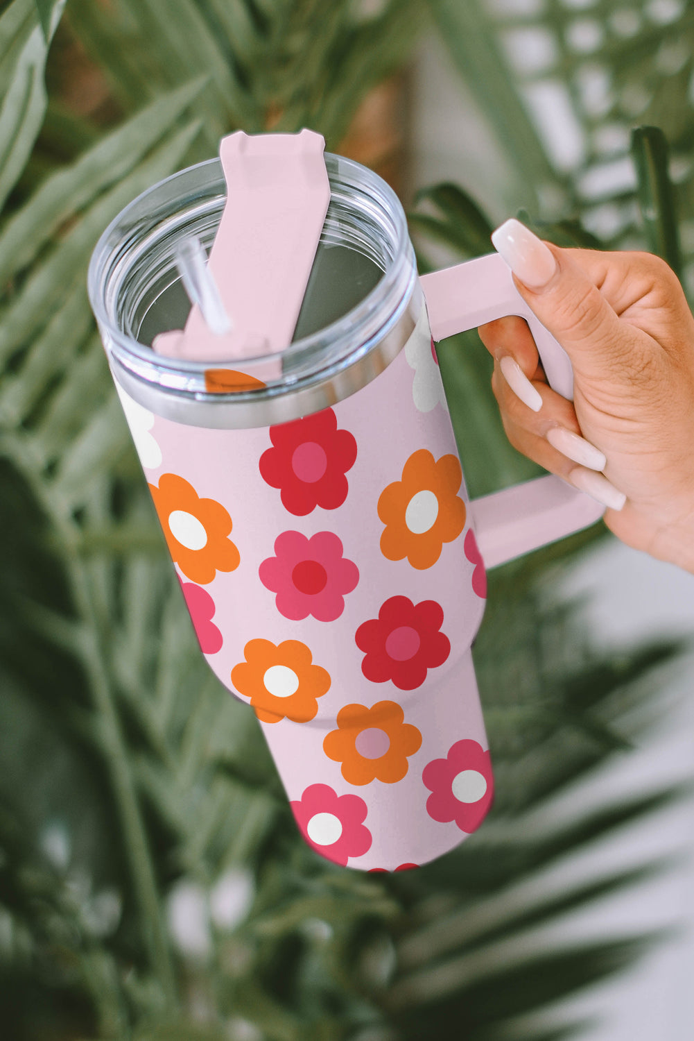 Multicolor Flower Print Handled Stainless Steel Vacuum Cup 40oz Daisie Boutique