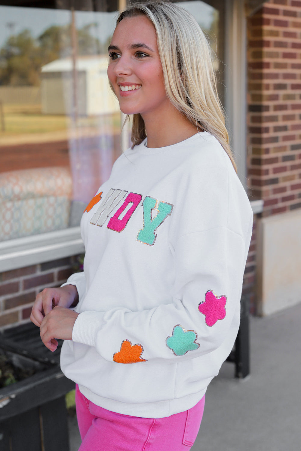 Howdy Glitter Chenille Patch Graphic Casual Sweatshirt Daisie Boutique