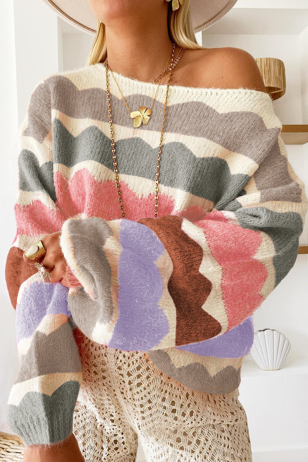 Wave Striped Balloon Sleeve Multicolored Sweater Daisie Boutique