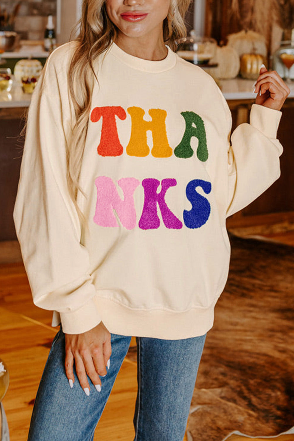 THANKS Chenille Embroidered Graphic Sweatshirt Daisie Boutique