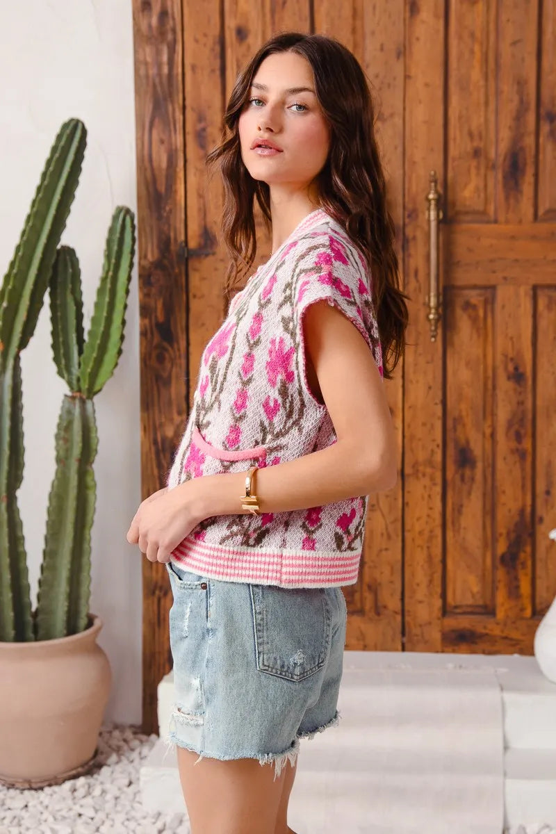SO ME Button Front Floral and Stripe Knitted Sweater Vest My Pampered Life Seattle