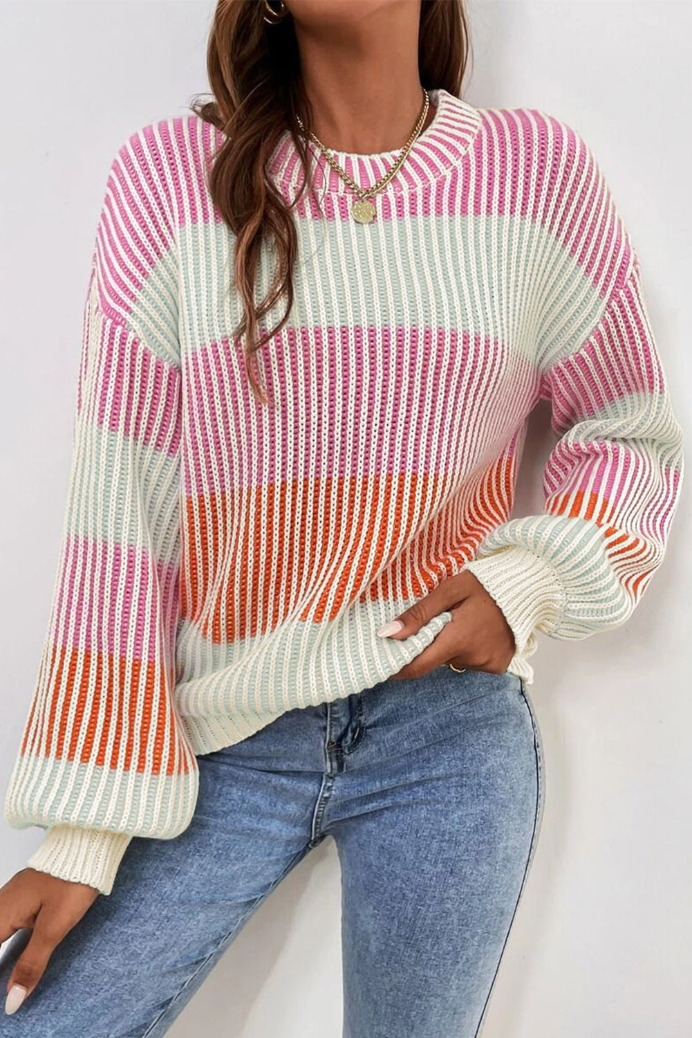 Colorblock Textured Knit Bubble Sleeve Sweater Daisie Boutique