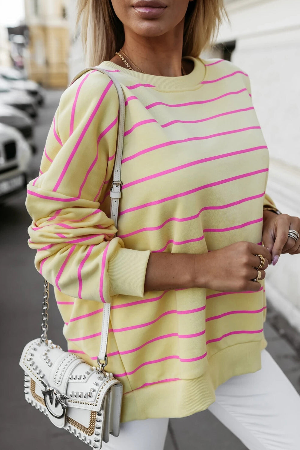 Yellow Stripe Stylish Overlap Detail Drop Shoulder Pullover Sweatshirt Daisie Boutique