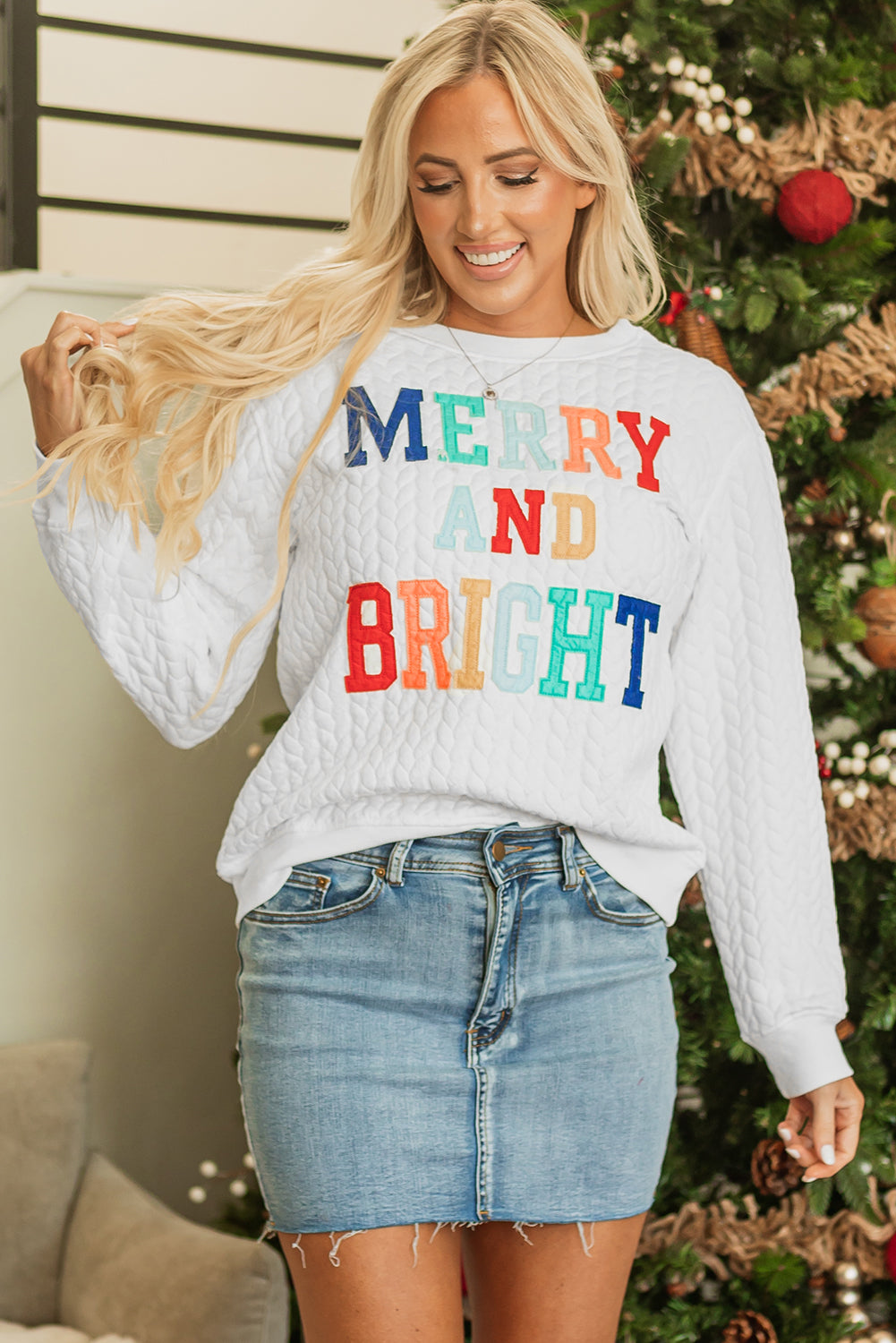 Merry And Bright Cable Knit Sweatshirt Daisie Boutique