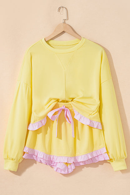 Ruffled Patchwork Drop Shoulder Shorts Matching Set Dear-Lover Dropshipping