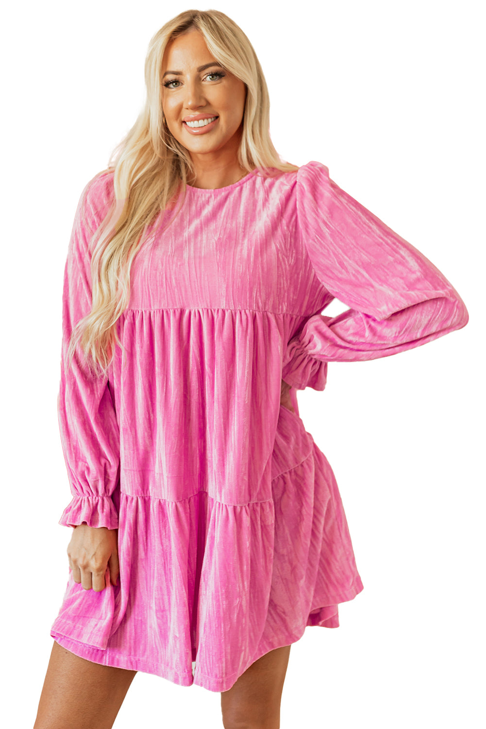 Flounce Sleeve Ruffled Velvet Mini Dress - Bubblegum Pink Daisie Boutique