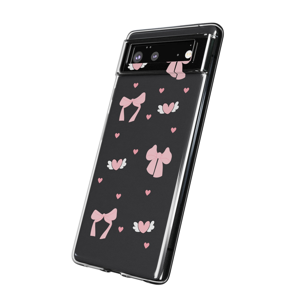 Cute Pink Bow Soft Phone Case | Stylish Heart & Wing Design